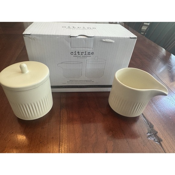 New Citrine Everyday Collection by Magenta Ribbed Ceramic Creamer & Sugar Jar - Picture 1 of 5